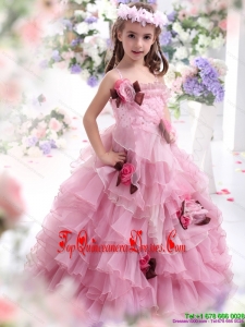 2015 New Arrival Baby Pink Little Girl Pageant Dress with Hand Made Flowers and Ruffles