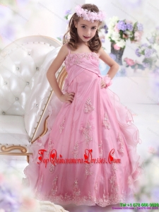 2015 New Arrival Rose Pink Spaghetti Straps Little Girl Pageant Dress with Appliques