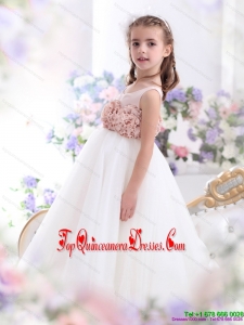 2015 New Arrival Scoop Little Girl Pageant Dress with Hand Made Flowers