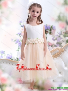 2015 New Arrival White Little Girl Pageant Dress with Waistband and Hand Made Flowers