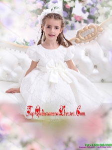 New Arrival Lace 2015 White Little Girl Pageant Dress with Short Sleeves and Bownot