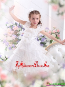 New Arrival Ruffled Layers White 2015 Little Girl Pageant Dress with Hand Made Flower