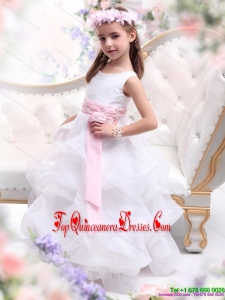 New Arrival Scoop White Little Girl Pageant Dress with Sash and Ruffles