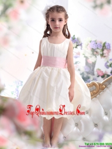 New Arrival White Scoop 2015 Little Girl Pageant Dress with Light Pink Sash