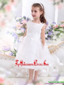 Scoop Tea Length White New Arrival 2015 Little Girl Pageant Dress with Sash