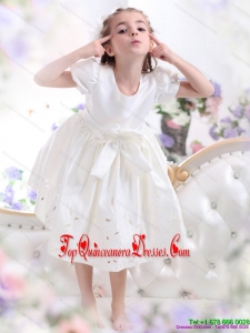 White Scoop 2015 New Arrival Little Girl Pageant Dress with Bownot and Cap Sleeves