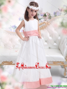 White Scoop 2015 New Arrival Little Girl Pageant Dress with Pink Waistband