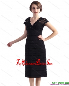 2015 Cap Sleeves Black Gorgeous Prom Dress with Beading and Ruching