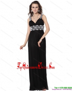 2015 Gorgeous Black Long Prom Dresses with White Appliques