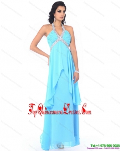 Fashionable Halter Top Long Dama Dresses with Beading and Ruffles