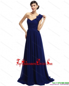 Fashionable One Shoulder Ruffled Navy Blue Damas Dresses with Hand Made Flower
