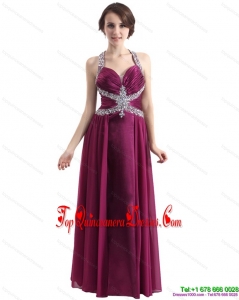 Fashionable Sequins Halter Top Ruching and Beading Damas Dresses in Wine Red