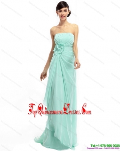 Fashionable Sweep Train Apple Green Damas Dresses with Ruching and Hand Made Flower