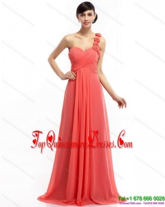 Fashionable Watermelon Red One Shoulder Damas Dresses with Brush Train and Hand Made Flowers