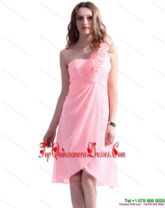 Gorgeous Baby Pink One Shoulder Prom Dresses with Ruching and Hand Made Flowers