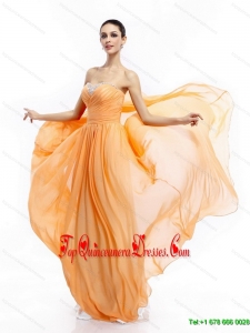 Gorgeous Popular Beading Sweep Train Gold Prom Dresses with Ruching