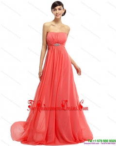 Gorgeous Watermelon Beading Long Prom Dresses with Ruching and Sweep Train