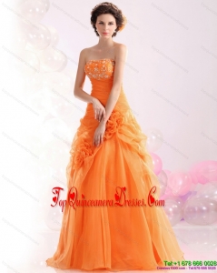 2015 Gorgeous Strapless Orange Red Prom Dress with Hand Made Flowers and Beading