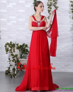 Gorgeous 2015 Beautiful Empire Red Prom Dress with Brush Train and Beading