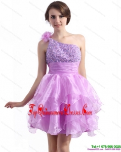 Gorgeous One Shoulder Lilac Prom Dresses with Beading and Hand Made Flower