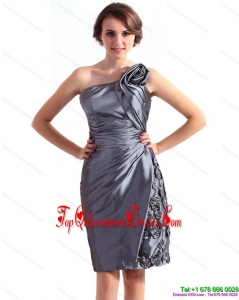 Gorgeous 2015 Modest One Shoulder Knee Length Prom Dress with Hand Made Flowers and Ruching