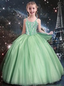 Tulle Straps Sleeveless Lace Up Beading Kids Formal Wear in Apple Green