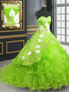 Ball Gowns Sweetheart Sleeveless Organza Brush Train Lace Up Embroidery Quince Ball Gowns