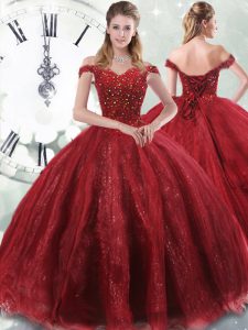 Stylish Wine Red Off The Shoulder Lace Up Beading 15th Birthday Dress Brush Train Sleeveless