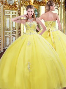 Low Price Gold Sleeveless Floor Length Beading and Appliques Lace Up Quinceanera Dresses