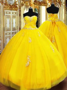 Floor Length Lace Up Sweet 16 Quinceanera Dress Gold for Military Ball and Sweet 16 and Quinceanera with Beading and Appliques