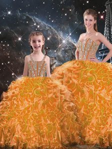 Chic Orange Organza Lace Up 15th Birthday Dress Sleeveless Floor Length Beading and Ruffles