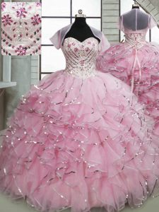 Baby Pink 15th Birthday Dress Organza Brush Train Sleeveless Beading and Ruffles