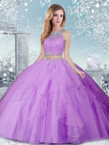 Popular Lavender Sleeveless Tulle Clasp Handle Quince Ball Gowns for Military Ball and Sweet 16 and Quinceanera
