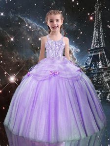 Lilac Sleeveless Floor Length Beading Lace Up Kids Pageant Dress