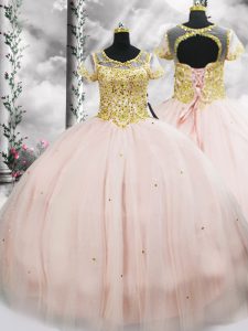 Discount Short Sleeves Floor Length Beading Lace Up Sweet 16 Quinceanera Dress with Pink