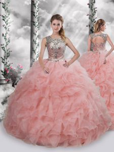 Glittering Baby Pink Lace Up Quince Ball Gowns Beading and Ruffles Sleeveless Floor Length