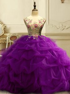 Purple Sleeveless Organza Lace Up Ball Gown Prom Dress for Military Ball and Sweet 16 and Quinceanera