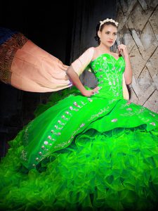 Comfortable Green Lace Up Ball Gown Prom Dress Embroidery and Ruffles Sleeveless With Brush Train