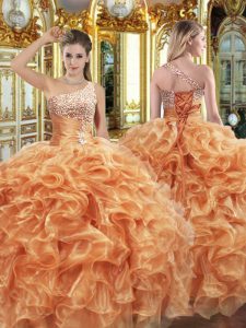 Deluxe Organza One Shoulder Sleeveless Lace Up Beading and Ruffles Quinceanera Gowns in Orange