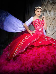 Super Sweetheart Sleeveless Organza 15th Birthday Dress Embroidery and Ruffles Brush Train Lace Up