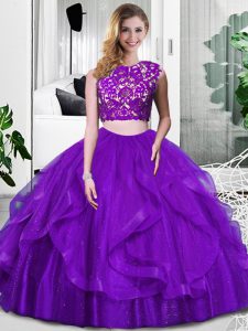 Purple Sleeveless Lace and Ruffles Floor Length Quinceanera Gowns