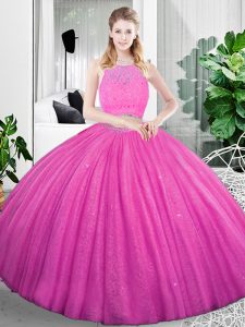 Custom Made Sleeveless Floor Length Lace and Ruching Zipper Quinceanera Dress with Fuchsia