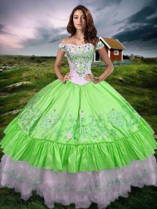 Best Selling Taffeta Lace Up Quinceanera Dresses Sleeveless Floor Length Beading and Embroidery and Ruffled Layers