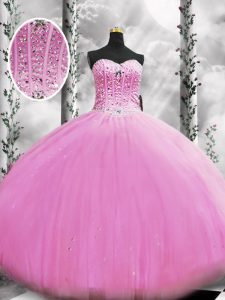 Lilac Tulle Lace Up Sweetheart Sleeveless Floor Length Quince Ball Gowns Beading