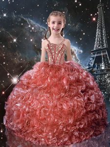 Elegant Floor Length Watermelon Red Little Girl Pageant Dress Organza Sleeveless Beading and Ruffles