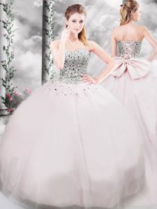 Flirting Sleeveless Beading and Bowknot Lace Up Quinceanera Gown with Pink Brush Train