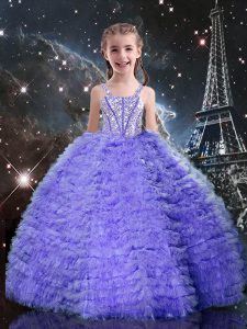 Beading and Ruffled Layers Winning Pageant Gowns Lavender Lace Up Short Sleeves Floor Length