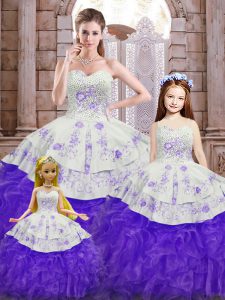 Most Popular Beading and Appliques and Ruffles Quince Ball Gowns White And Purple Lace Up Sleeveless Floor Length