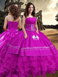 Affordable Fuchsia Zipper Sweet 16 Dresses Embroidery and Ruffled Layers Sleeveless Floor Length