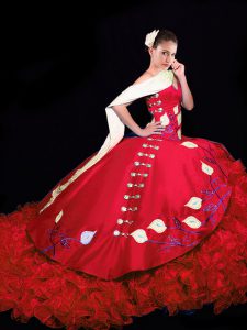 Colorful Red V-neck Neckline Embroidery and Ruffles Quince Ball Gowns Sleeveless Lace Up